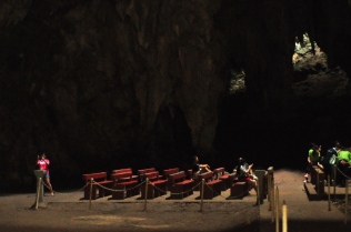 the church benches inside Callao Cave